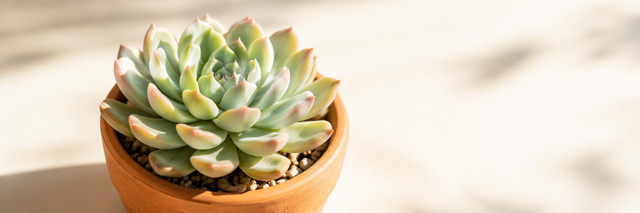Illustration of healthy compact Echeveria rosette in terracotta pot with mint green leaves and pink tips.