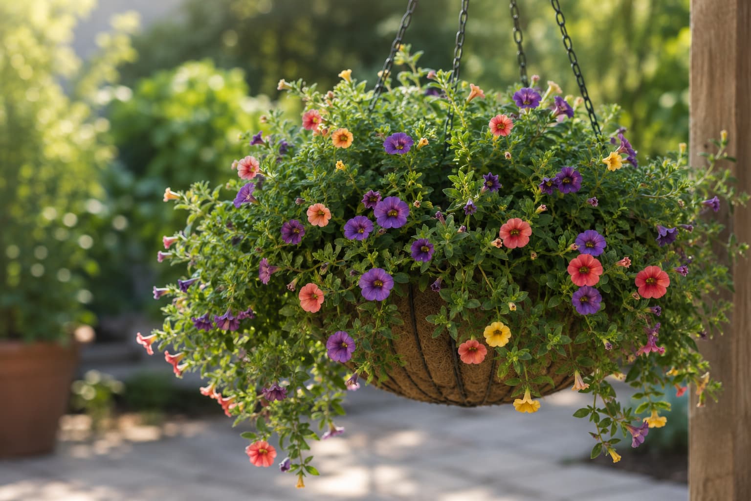 Illustration of a calibrachoa hanging basket with purple, coral, and yellow trumpet flowers in soft morning light.