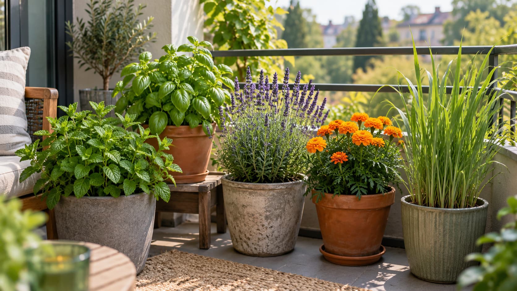 Mint, basil, lavender, marigold, and lemongrass growing in separate containers on a sunny home balcony.
