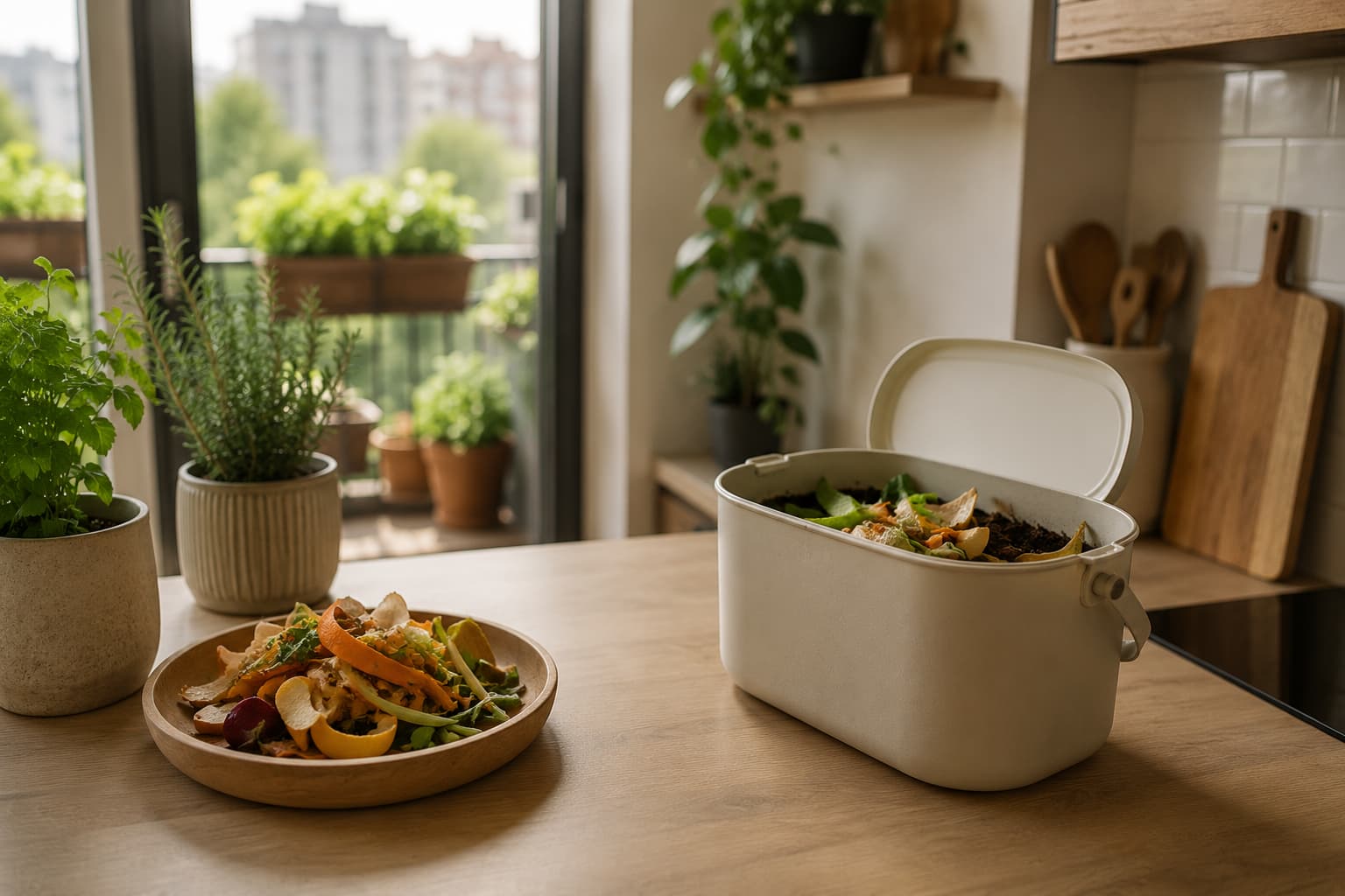 Apartment composting setup with a compact food-scrap container, vegetable peels, and potted herbs in a bright kitchen beside a small balcony garden.