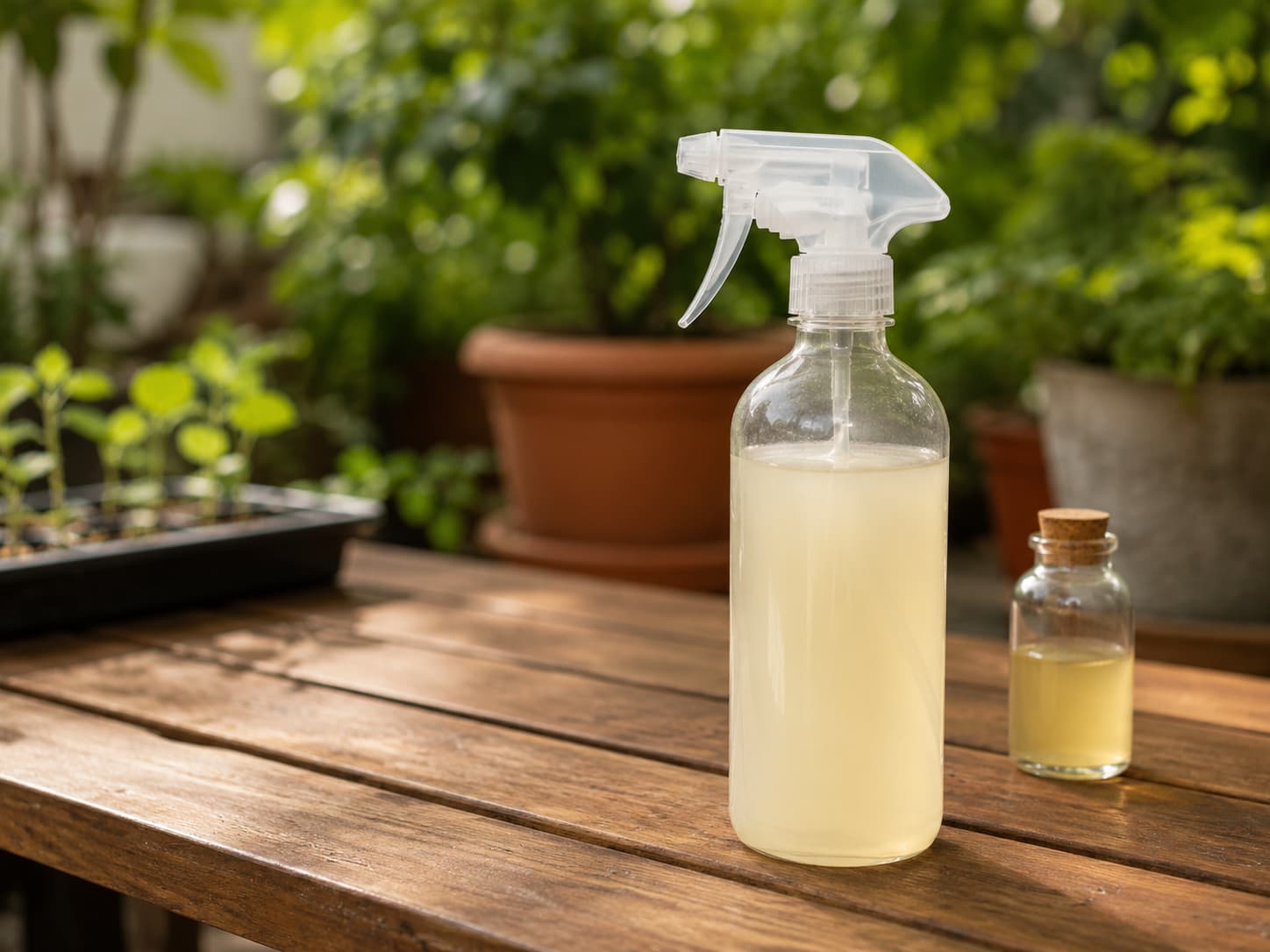 Illustration of a homemade neem oil spray bottle with pale diluted solution on a wooden garden table.