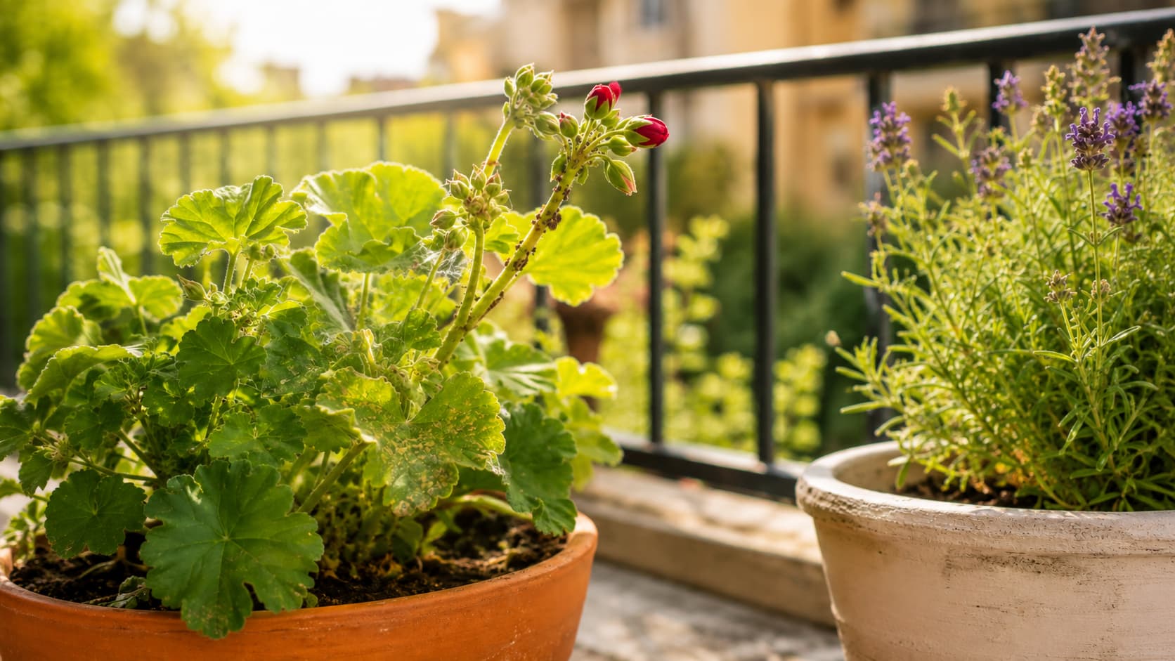 Heat-stressed balcony plant showing spider mite webbing, leaf damage, and a small aphid colony beside a healthy lavender container in summer.