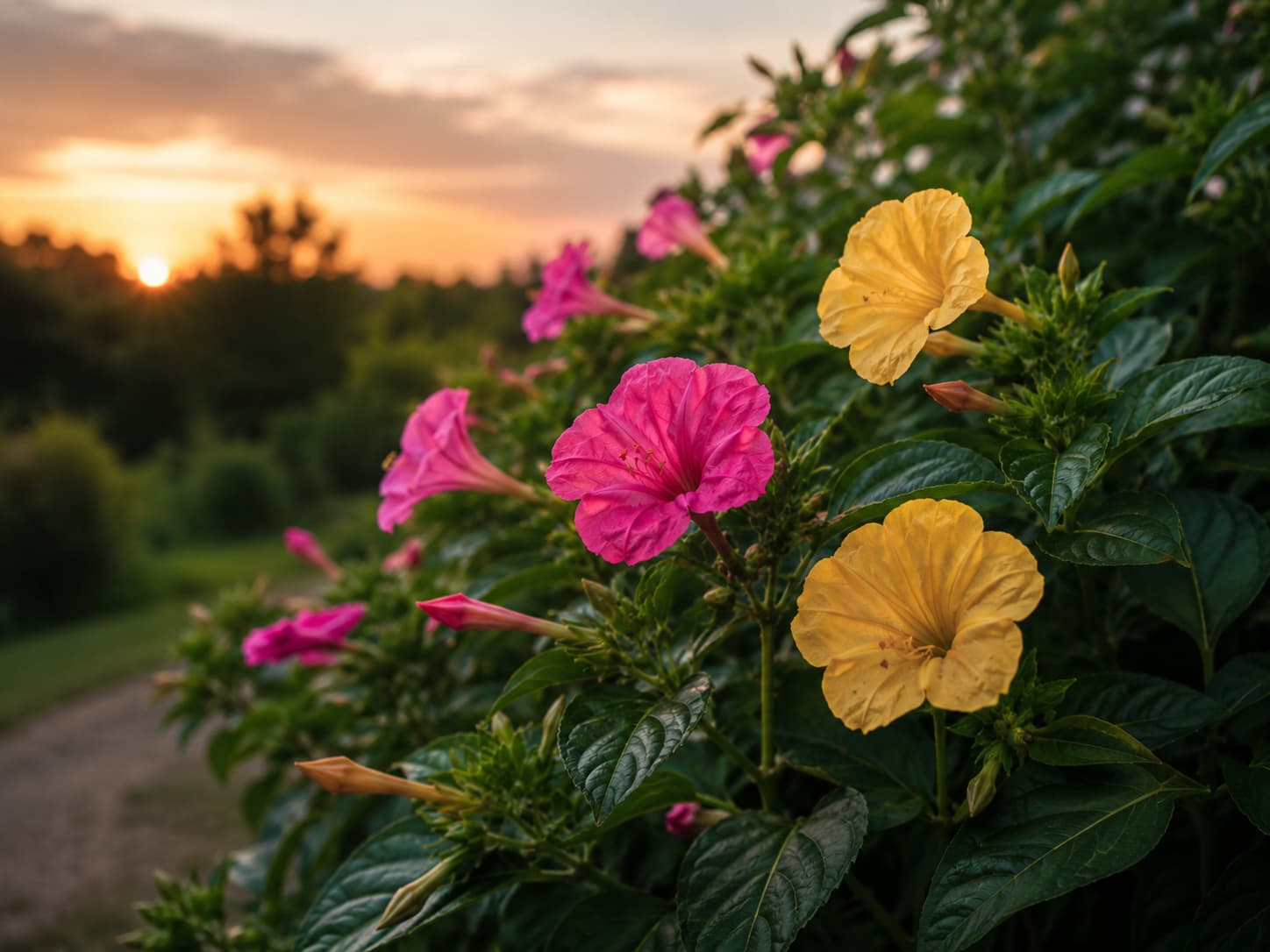 Illustration of pink and yellow four o’clock flowers blooming among deep green foliage in warm evening light.