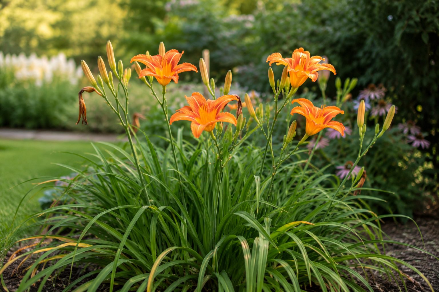 Illustration of orange daylilies blooming in a summer garden bed with fresh buds, spent flowers, and arching green foliage.