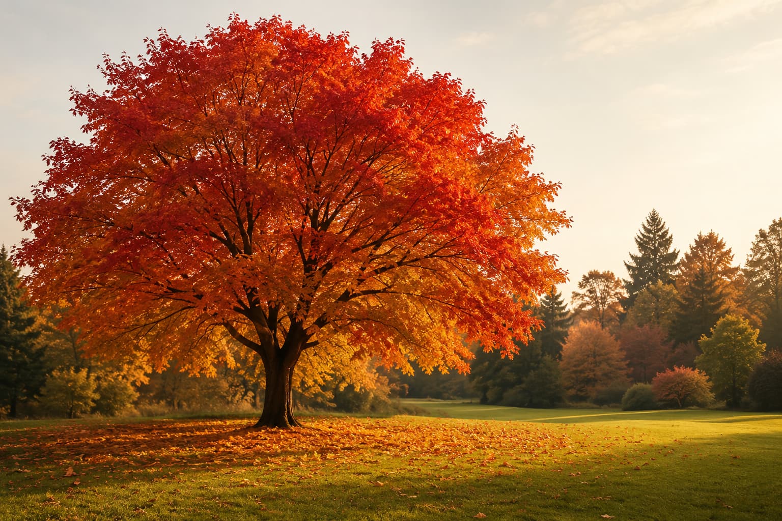 Illustration of a mature maple tree with glowing orange-red autumn foliage above a lawn scattered with fallen leaves.