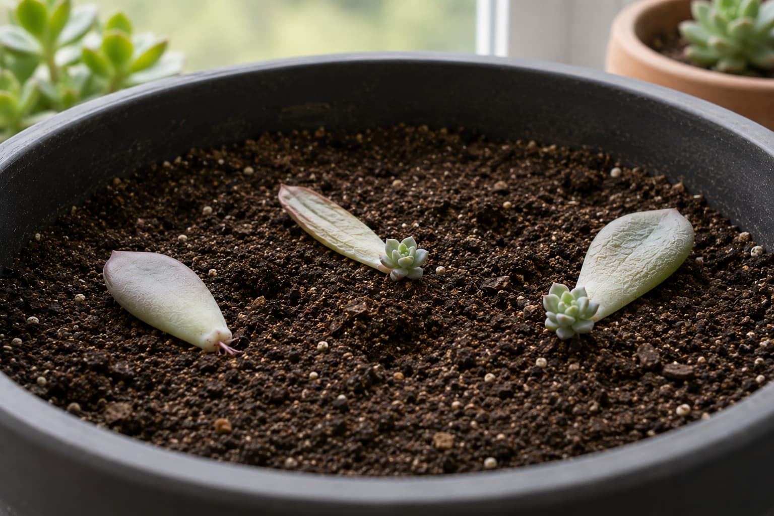 Illustration of three succulent leaves showing rooting and rosette stages in dry propagation soil beside a bright window.