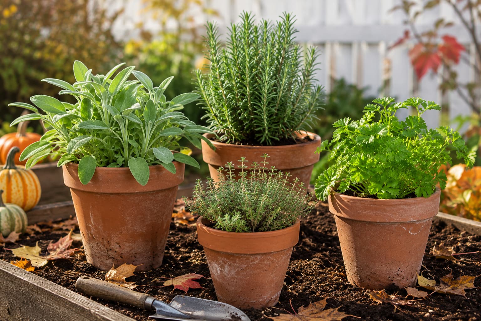 Illustration of sage, rosemary, thyme, and parsley growing in weathered terracotta pots in an autumn garden with fallen leaves and pumpkins.