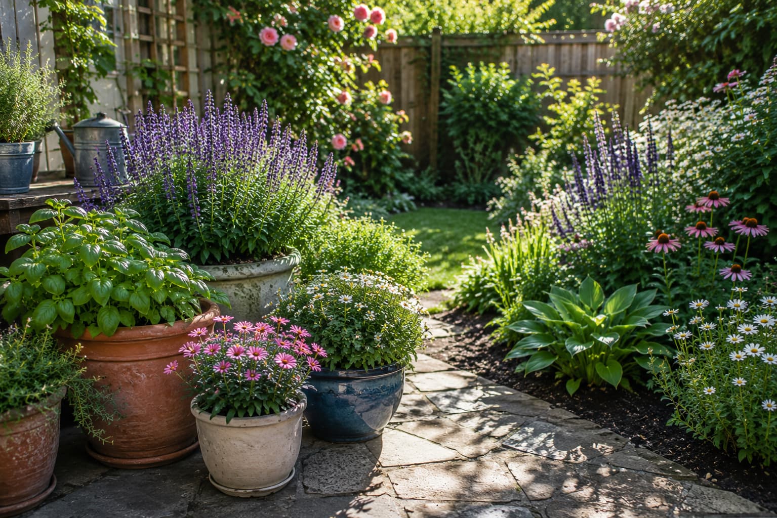 Container plants on a sunlit patio beside in-ground garden beds in a lush backyard garden