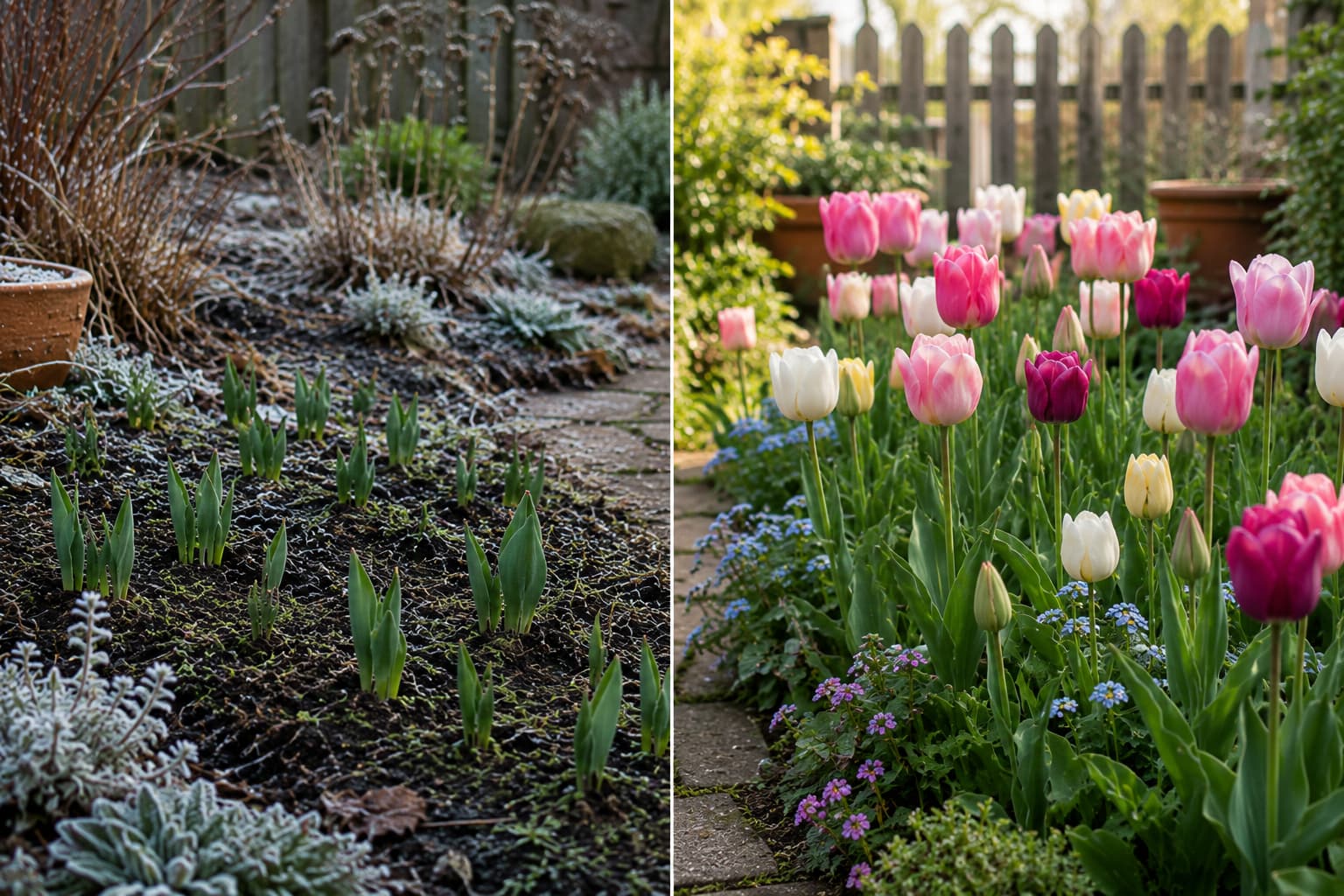Winter tulip garden preparation compared with spring tulip blooms in a seasonal planting guide