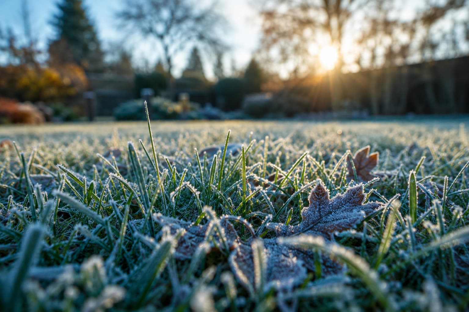Close-up of frost-covered lawn grass and fallen leaves glowing in soft early morning winter sunlight.