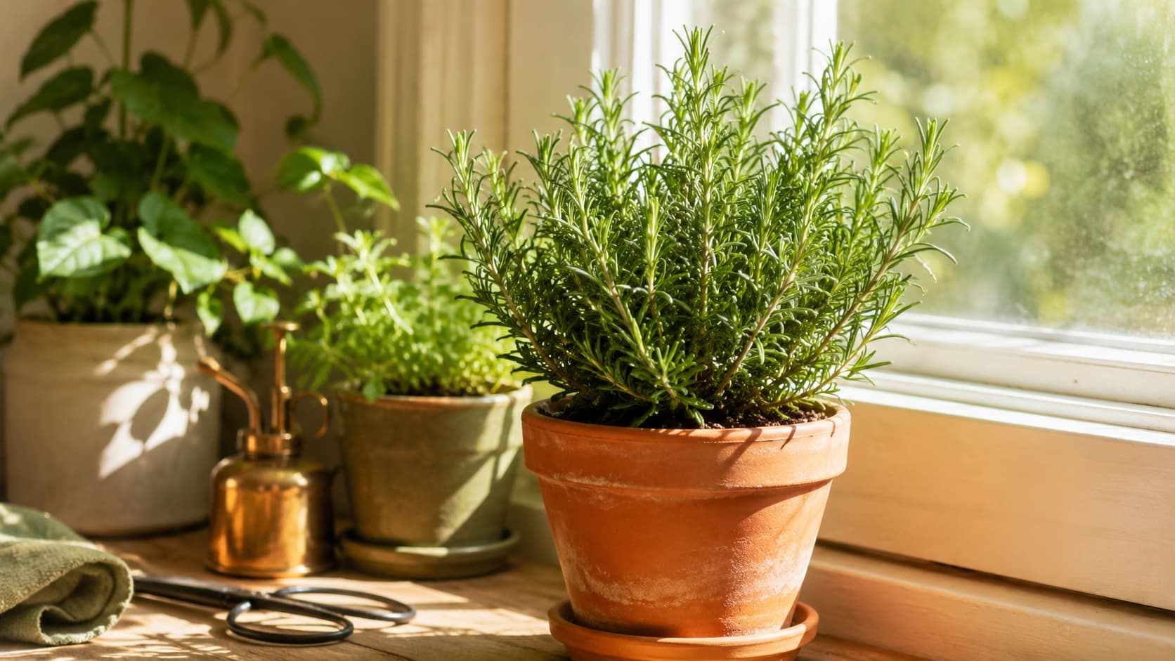 Illustration of indoor rosemary growing in a terracotta pot beside a bright sunny window