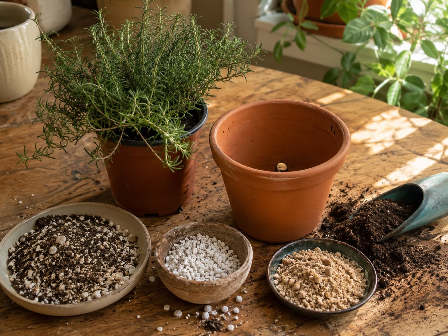 Illustration of rosemary repotting with a terracotta pot, drainage hole, perlite, gritty soil mix, and potting tools