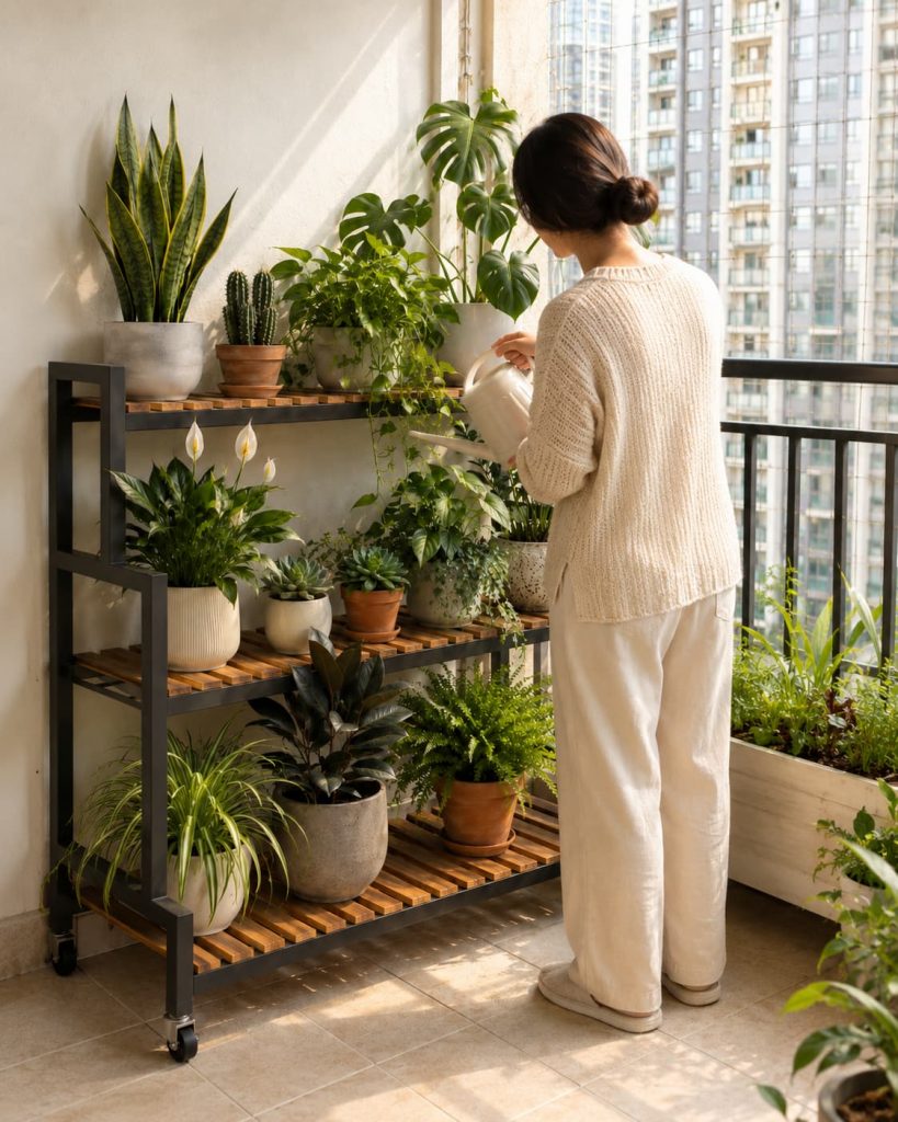 Illustration of Clara Moss watering plants on a warm balcony garden.