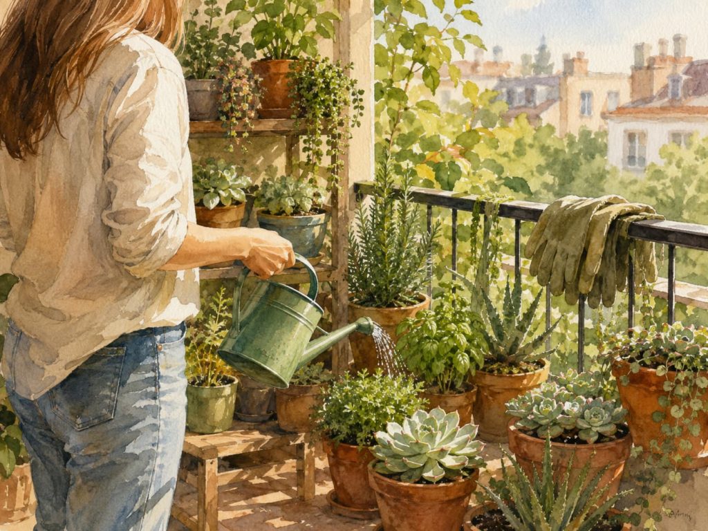 Watercolor illustration of a sunlit balcony garden with potted herbs and trailing plants.