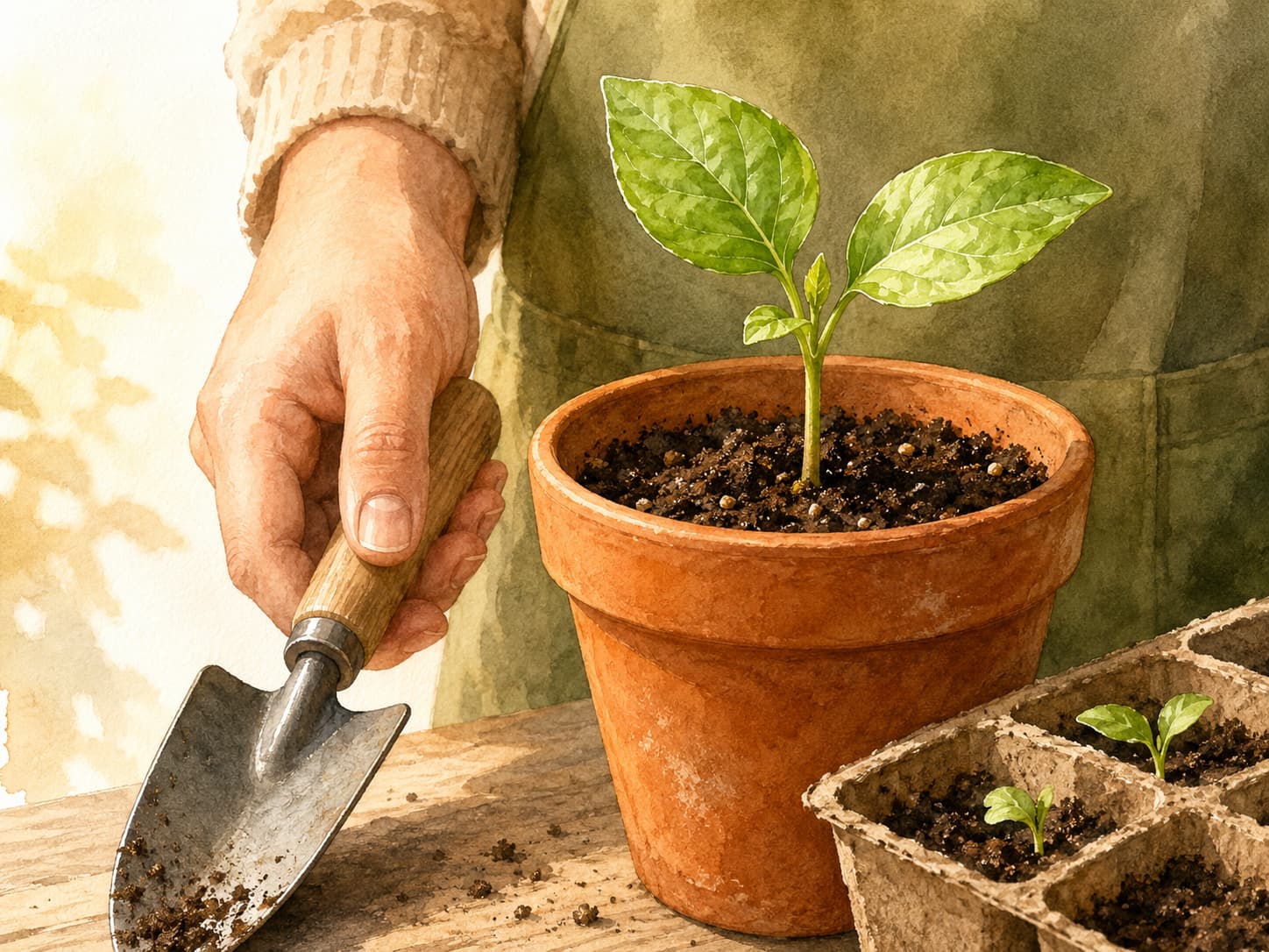Illustration of a beginner gardening setup with seedling tray, trowel and soil in a sunny garden