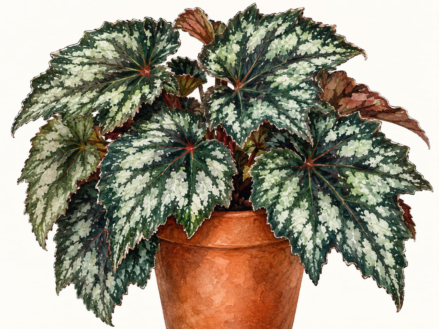 Illustration of a begonia plant in a pot on a sunlit windowsill