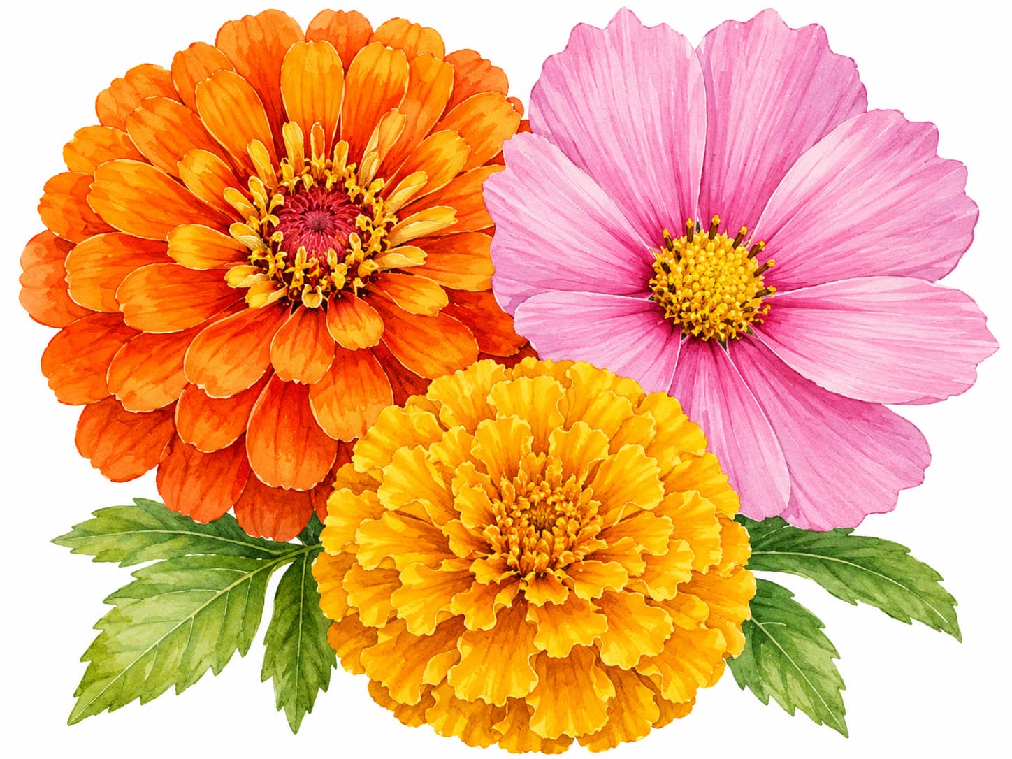 Illustration of zinnia, cosmos and marigold flowers growing together in a summer garden