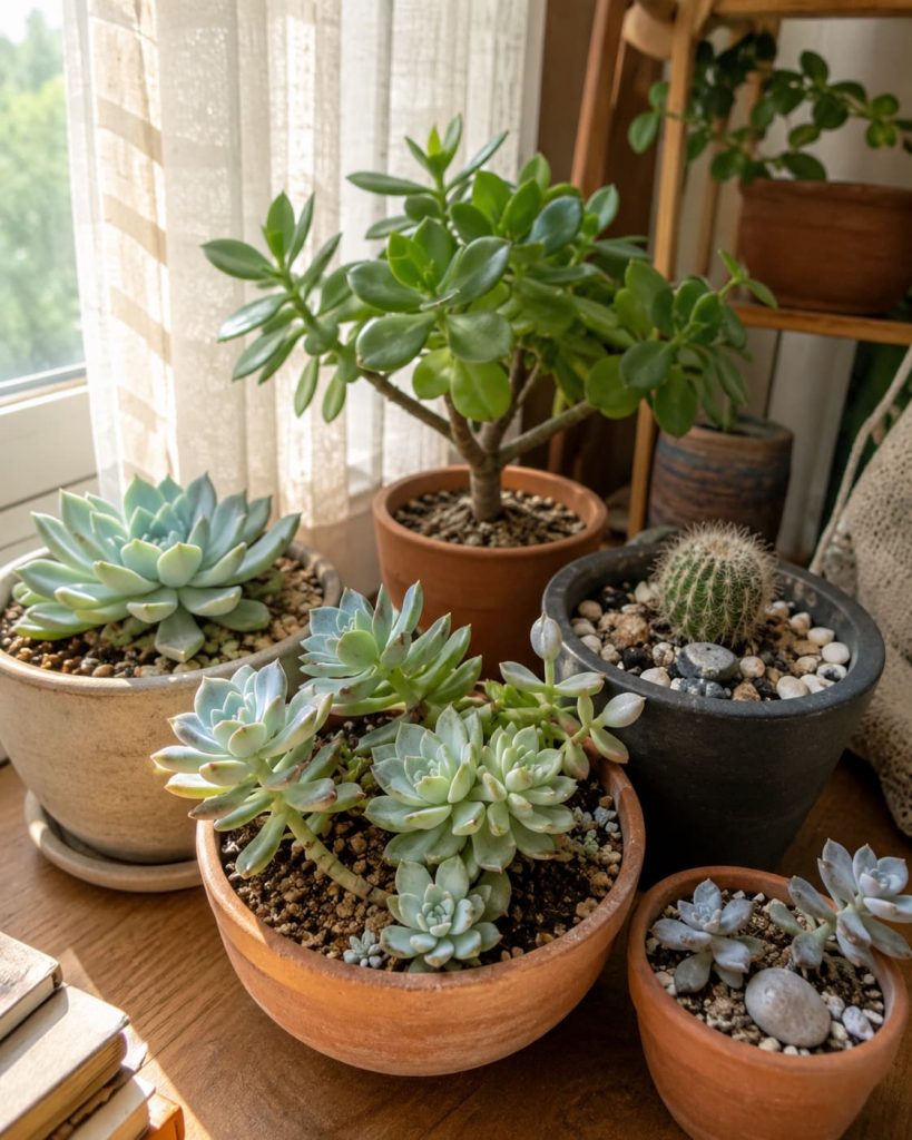 Sunlit indoor succulent corner with healthy potted plants.