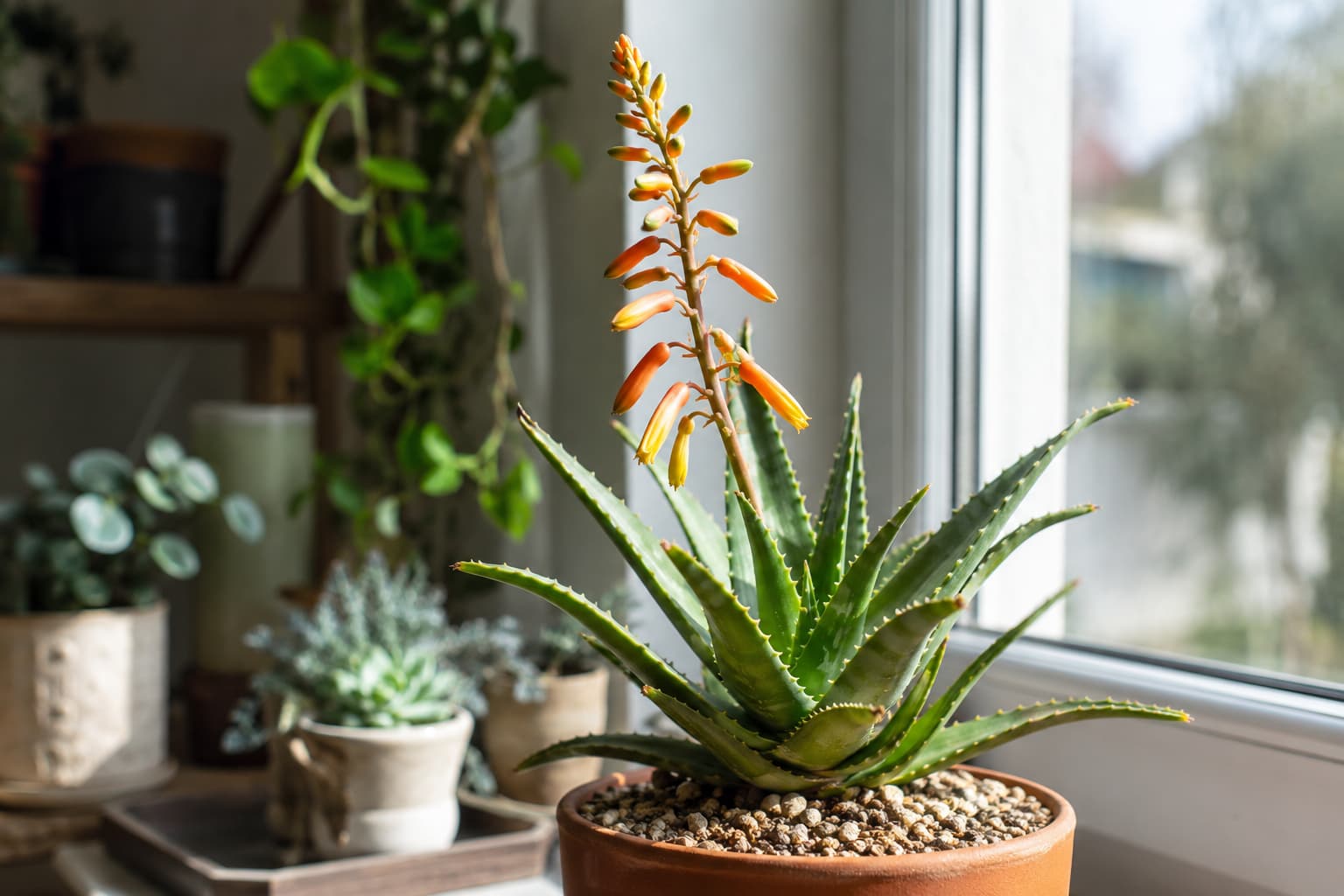 Blooming aloe vera plant on a bright windowsill with a tall flower stalk and orange tubular blooms growing in dry well-draining soil.