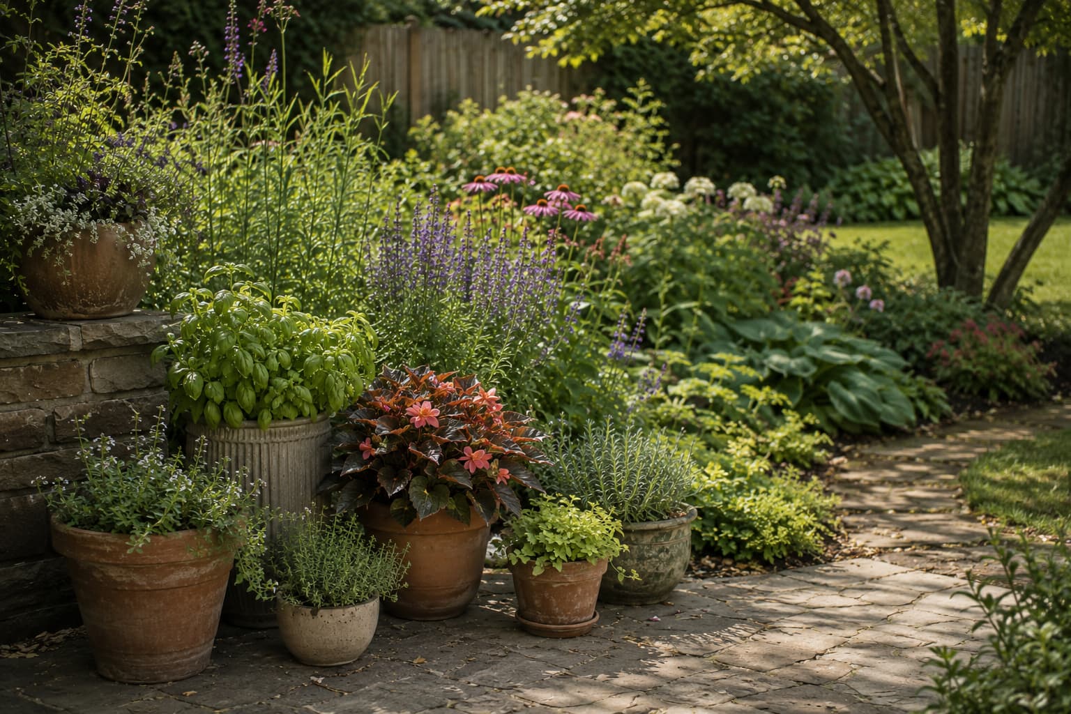 Container plants on a stone patio beside established in-ground perennial beds in a balanced home garden