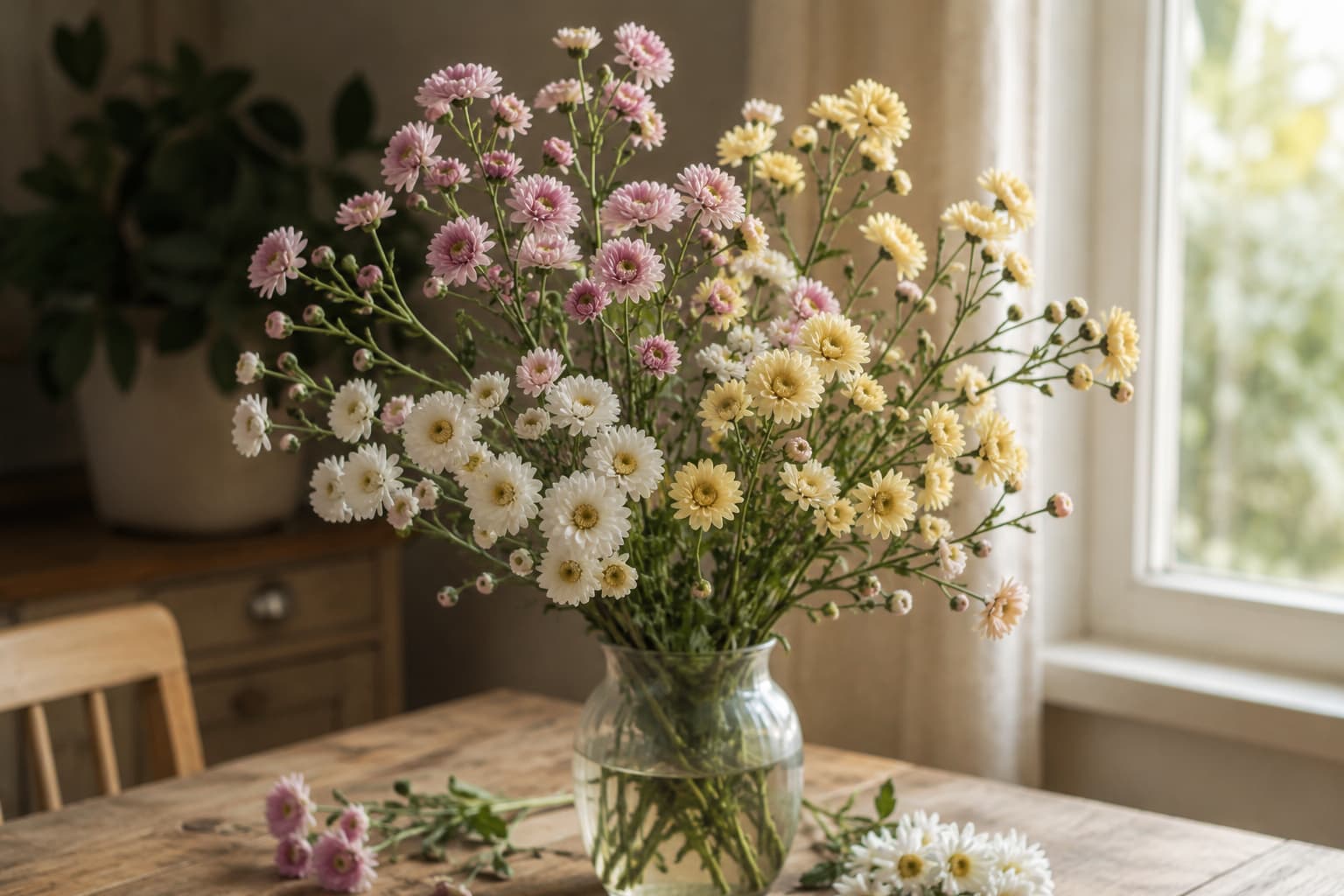 Spray mums with many small blooms on branching stems