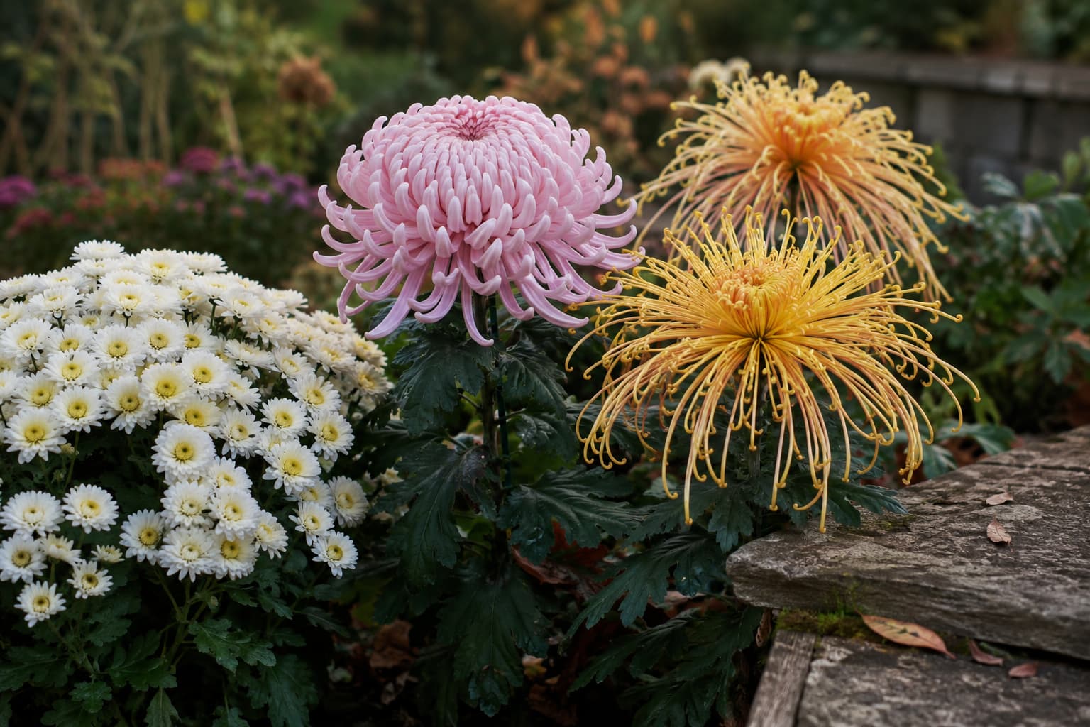 Mixed chrysanthemum flower forms including rounded and spider mums in a garden setting