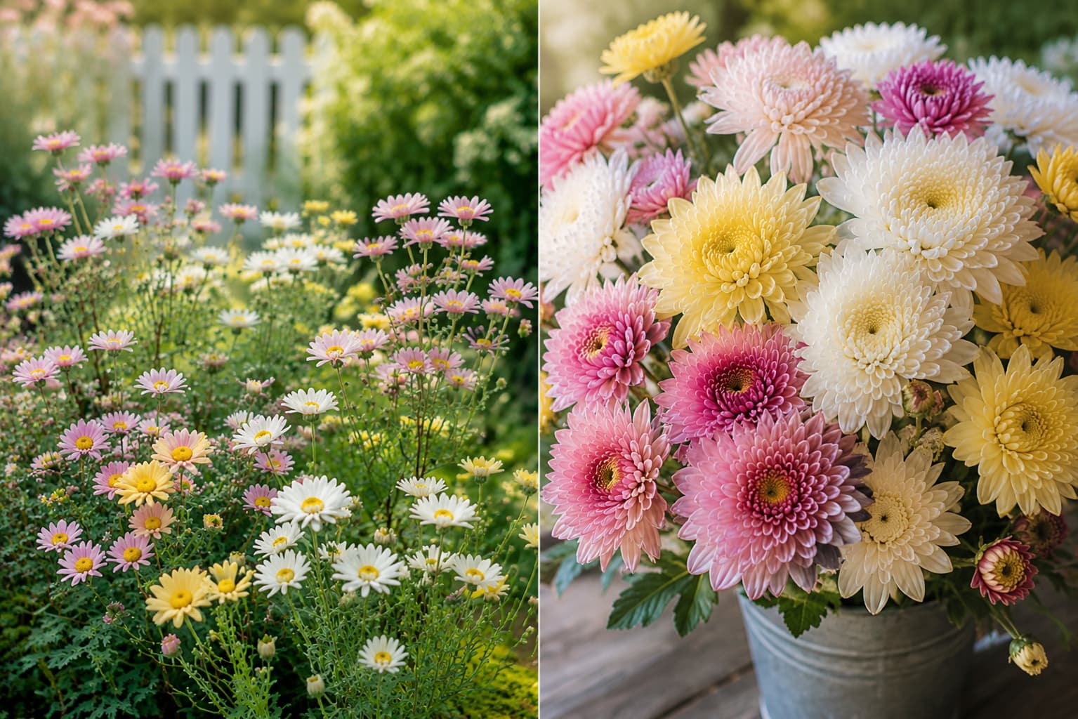 Soft pink, cream, and yellow chrysanthemums showing the range of chrysanthemum flower colors