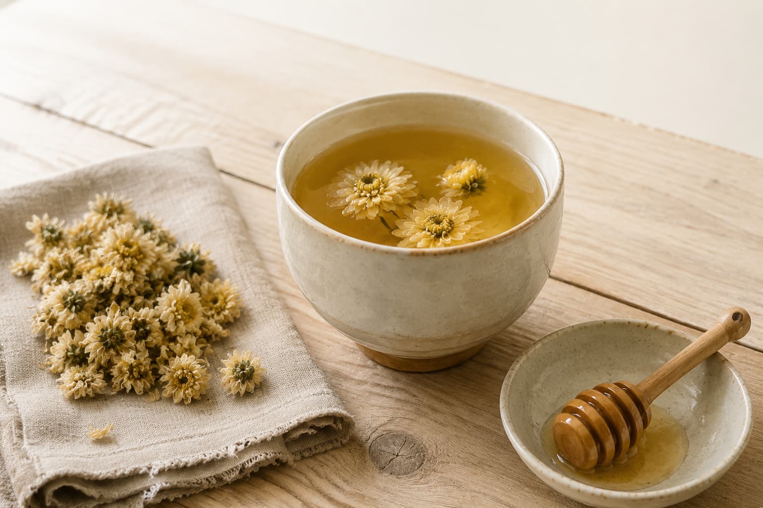 Minimal still life of chrysanthemum tea in a ceramic cup with dried flowers and honey dipper on a natural wooden table