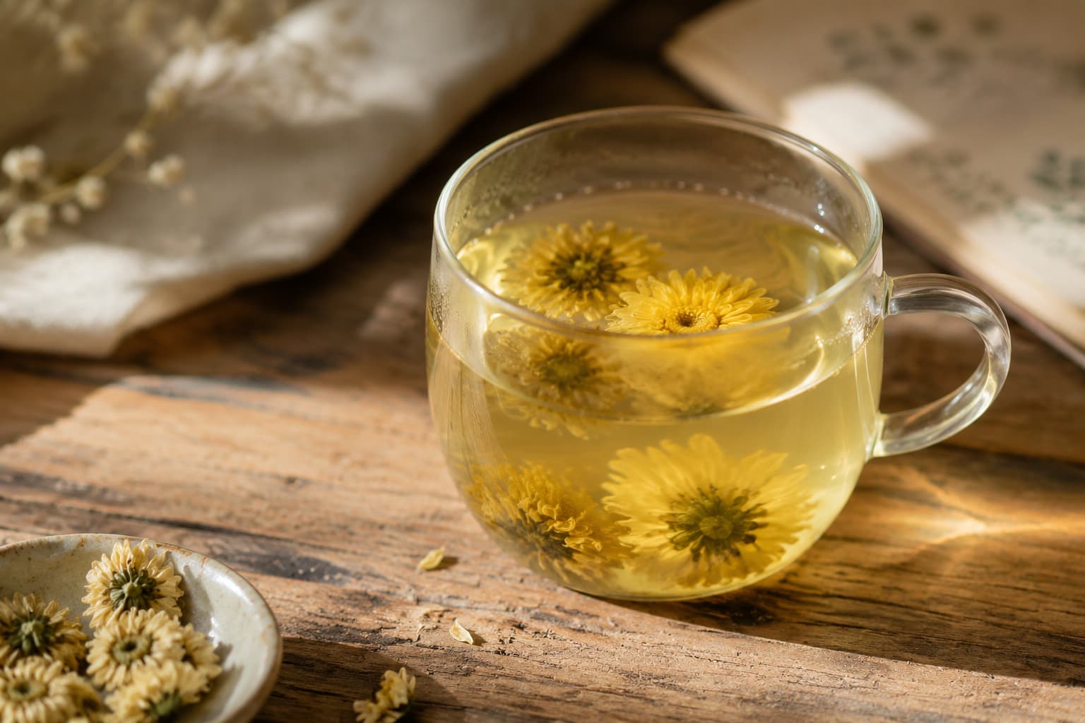 Chrysanthemum tea brewing in a clear glass cup with golden flowers opening in hot water