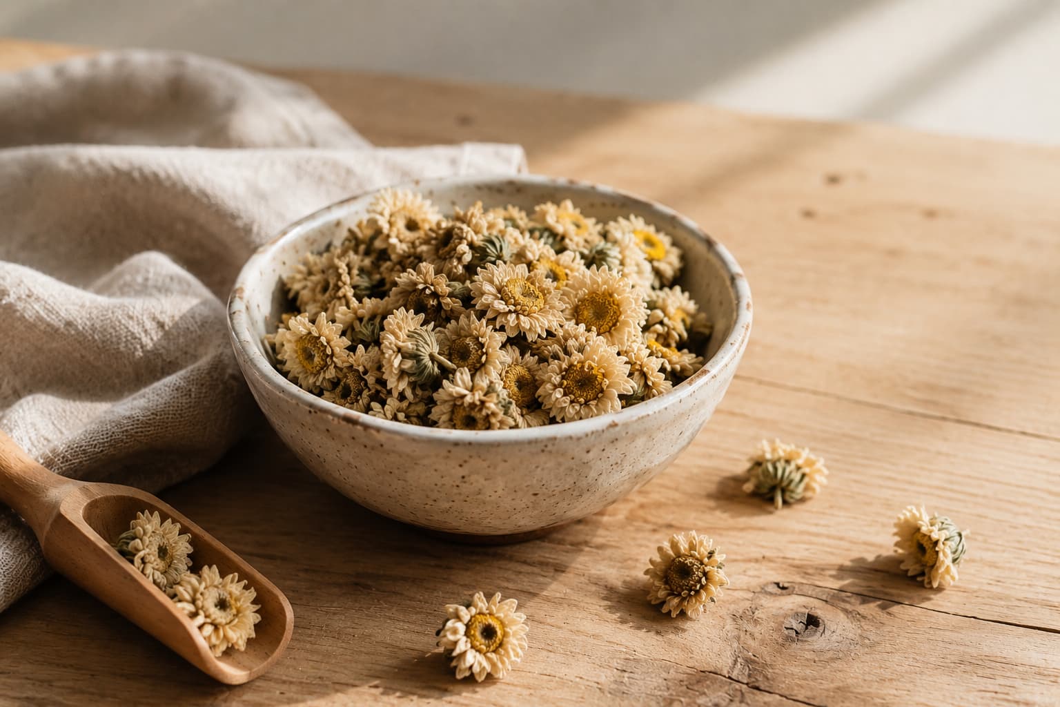 Dried tea-grade chrysanthemum flowers in a ceramic bowl for brewing herbal tea