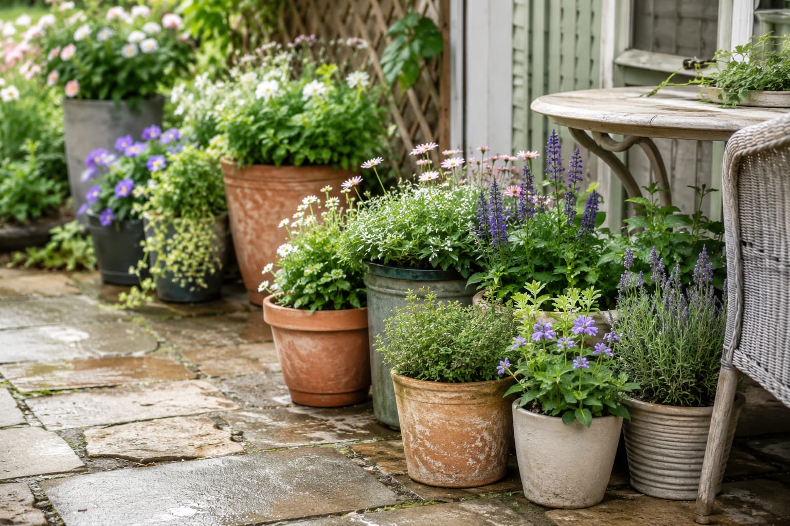 Container garden with herbs and flowers on a wet stone patio for flexible seasonal growing