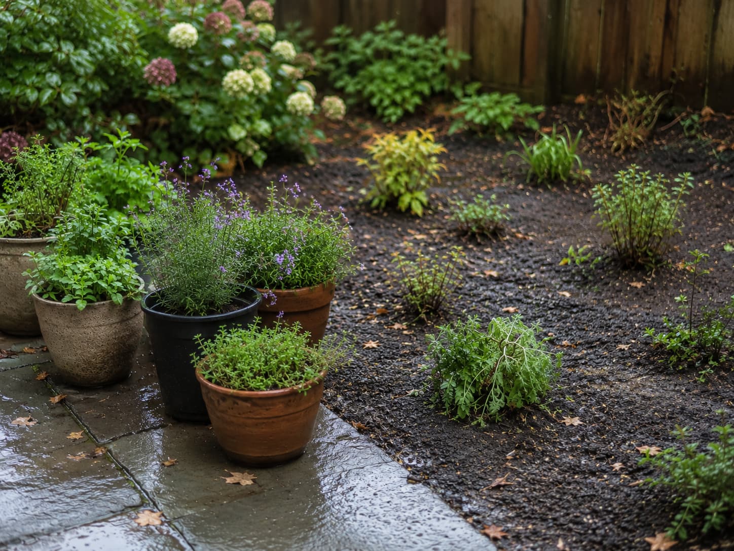 Container plants on a wet stone patio beside heavy clay soil in a backyard garden after rain