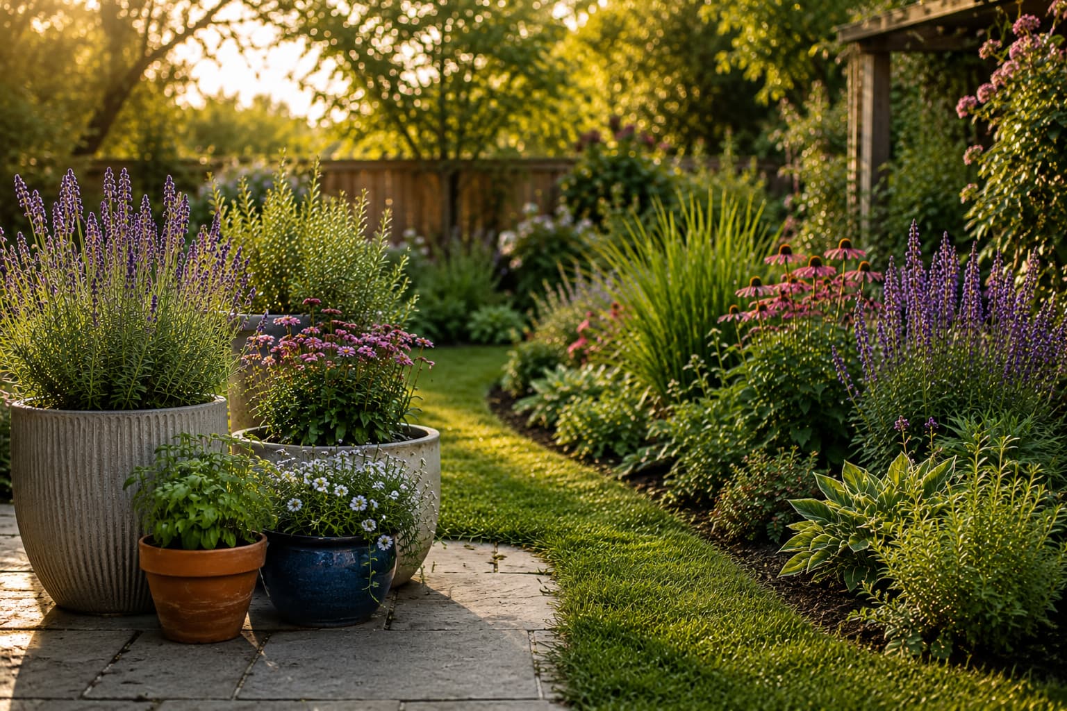 Container plants beside in-ground garden beds in a sunny backyard garden with natural planting borders