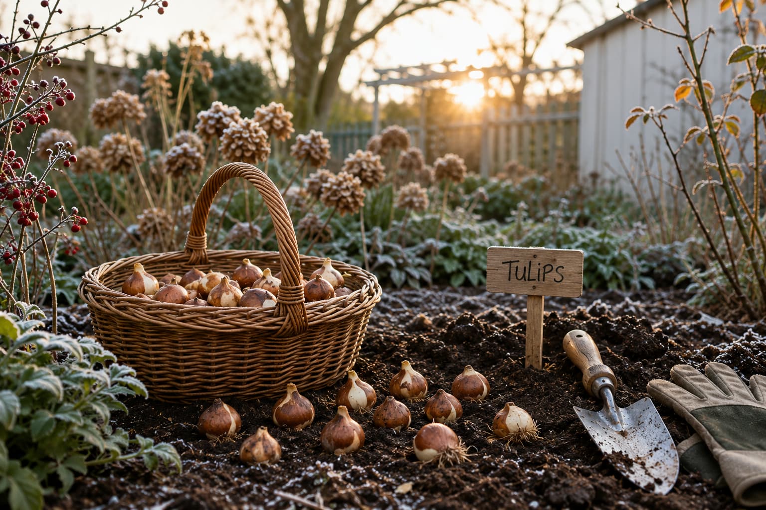Tulip bulbs in a basket on frosty garden soil during quiet December planting preparation