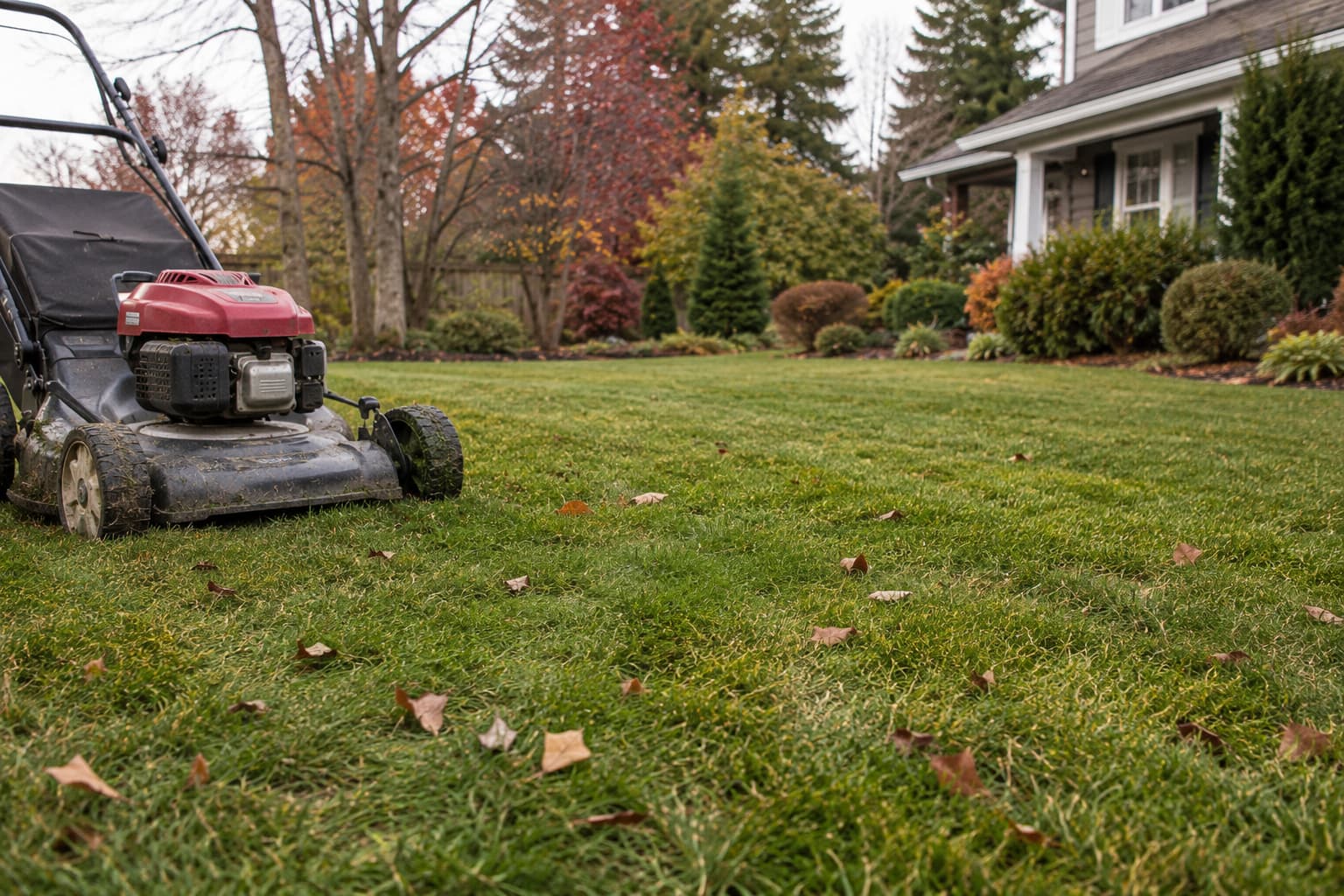 Lawn mower beside a naturally trimmed backyard lawn during the final mowing of late fall