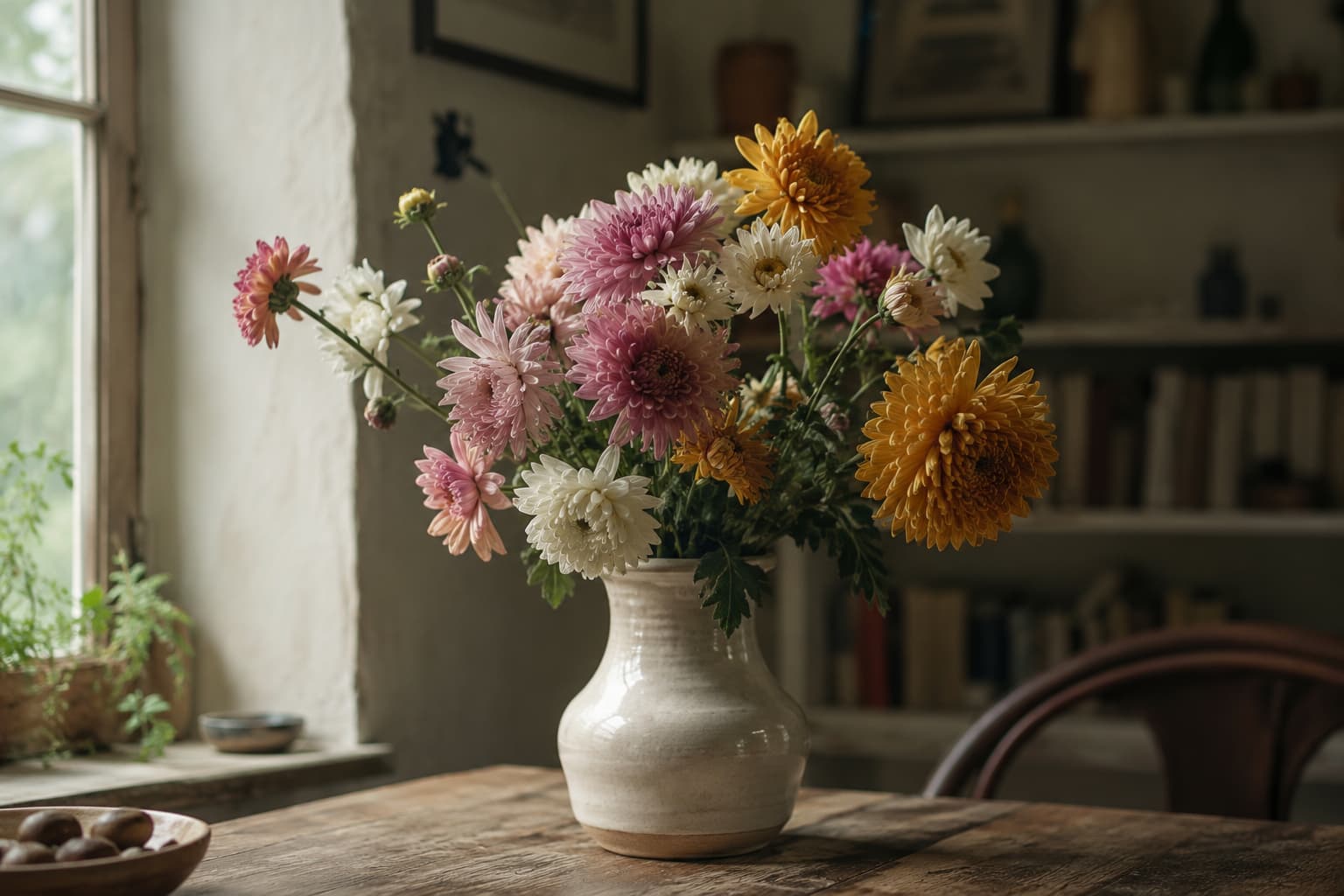 Large florist chrysanthemum blooms arranged for indoor display
