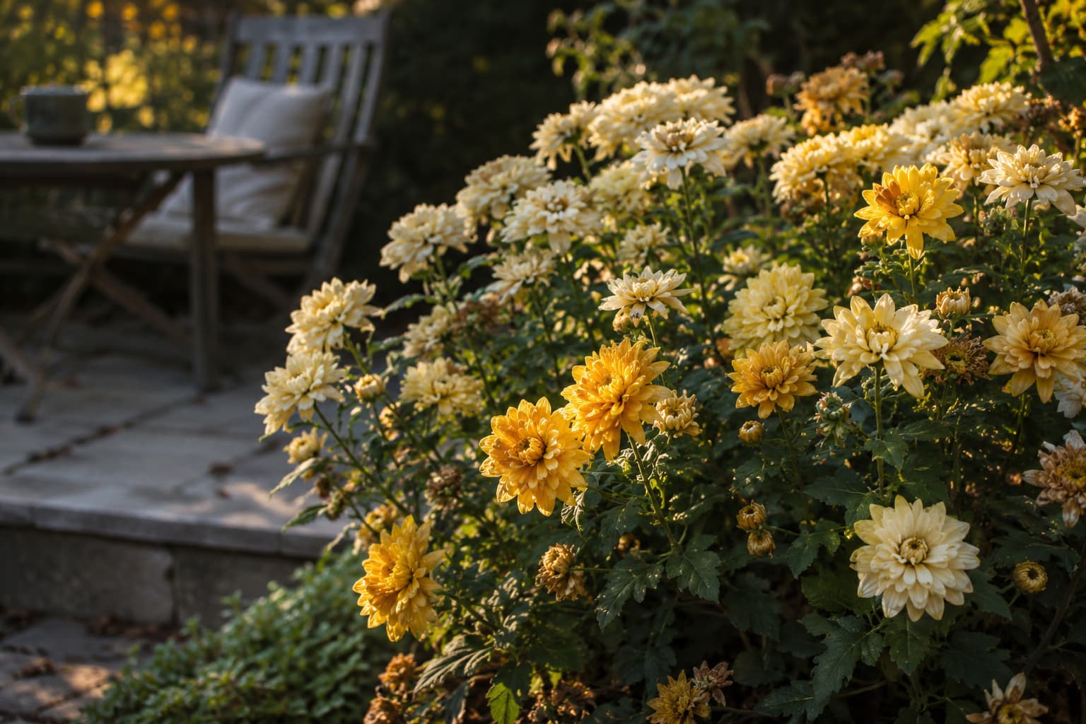 Soft garden chrysanthemums blooming in warm autumn light near a patio