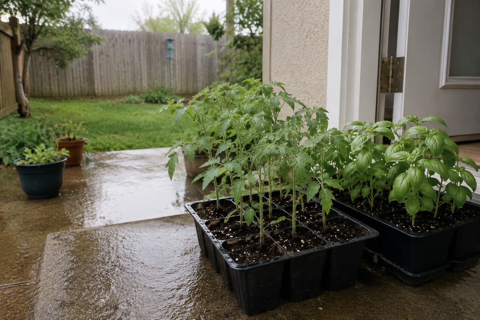 Tomato and basil seedlings near a doorway during a cold spring evening