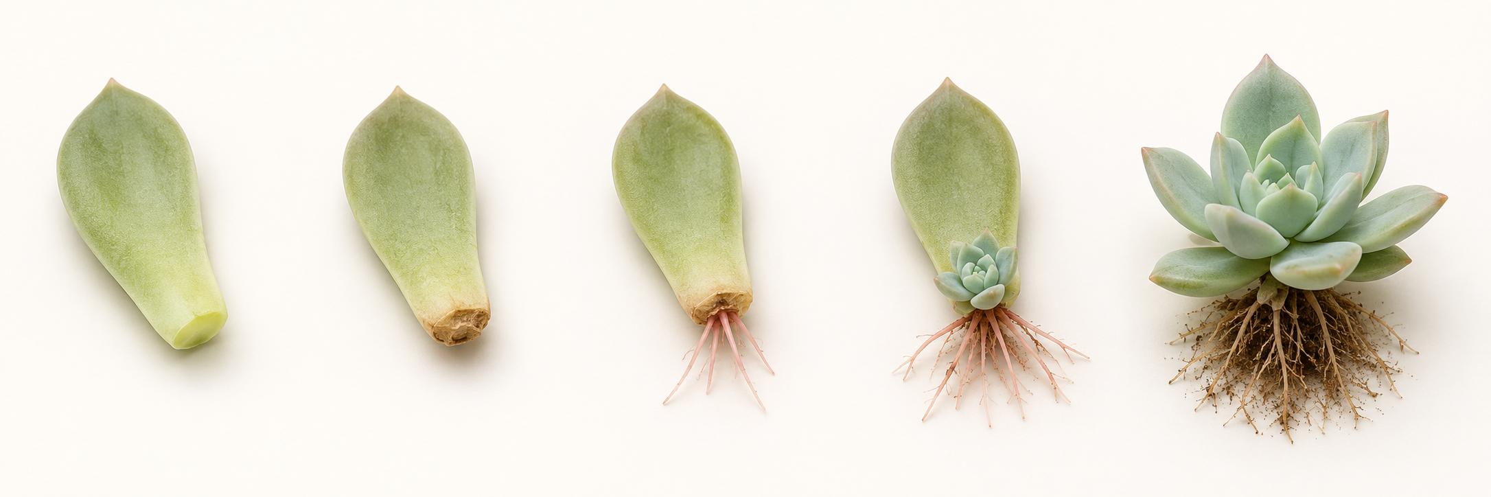 Five stages of Echeveria leaf propagation from a single leaf to a rooted baby plant