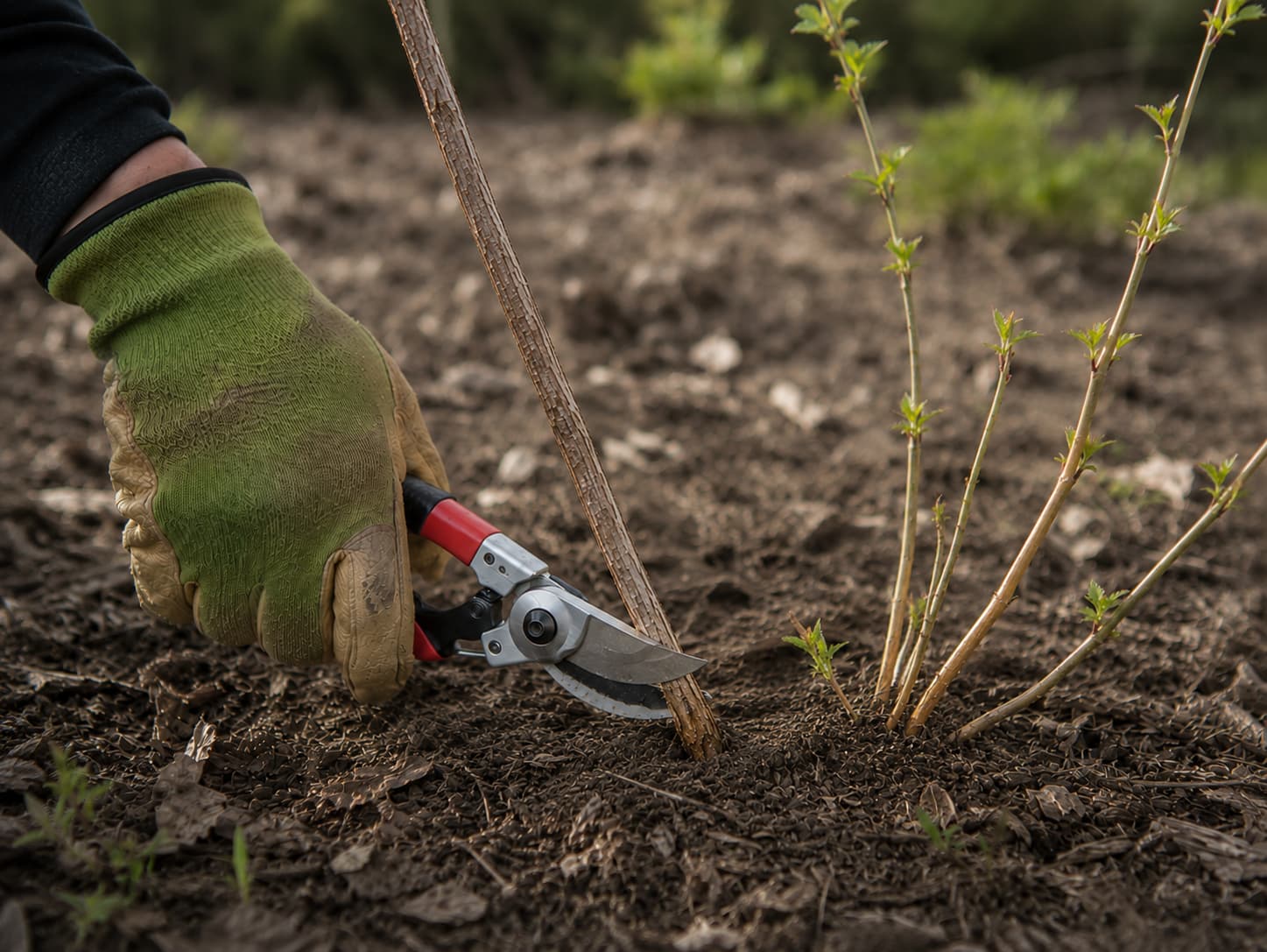 Illustration of a gardener cutting an old abelia stem near ground level during early spring renewal pruning.