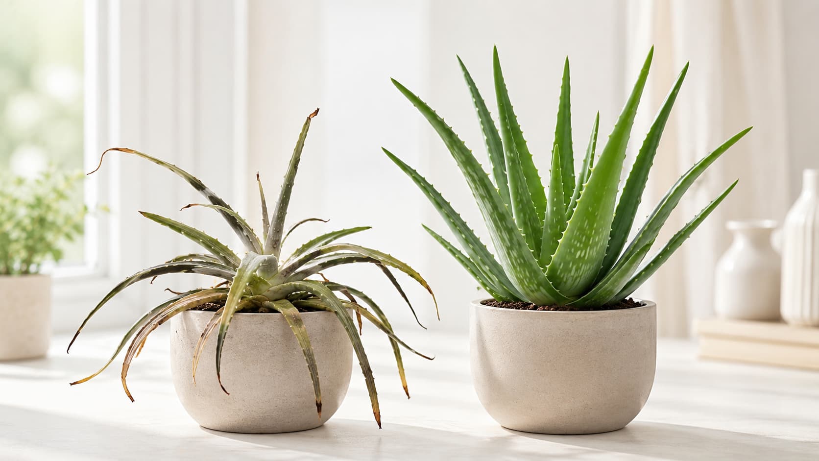 Healthy aloe vera beside a struggling aloe plant with brown tips and drooping leaves indoors.