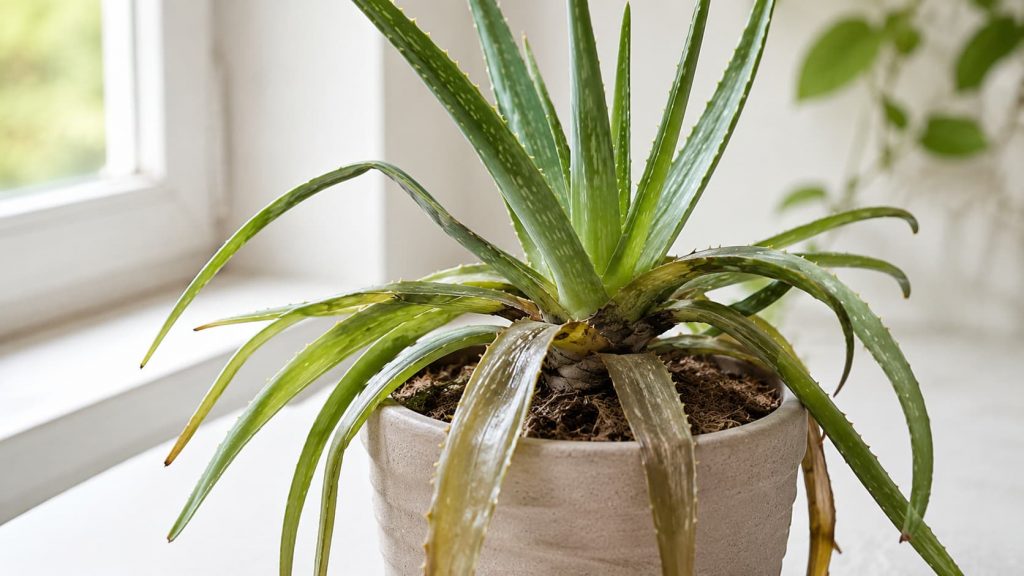 Aloe vera with soft yellowing mushy leaves showing signs of overwatering near a bright window