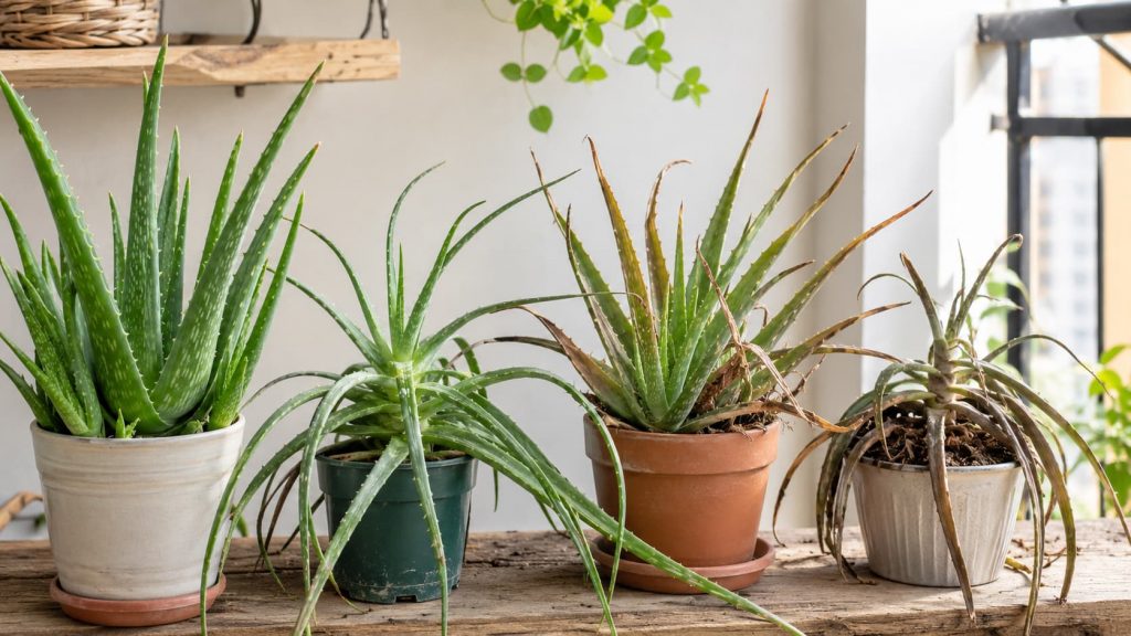 Aloe vera plants showing common problems such as drooping brown tips yellowing and curling leaves