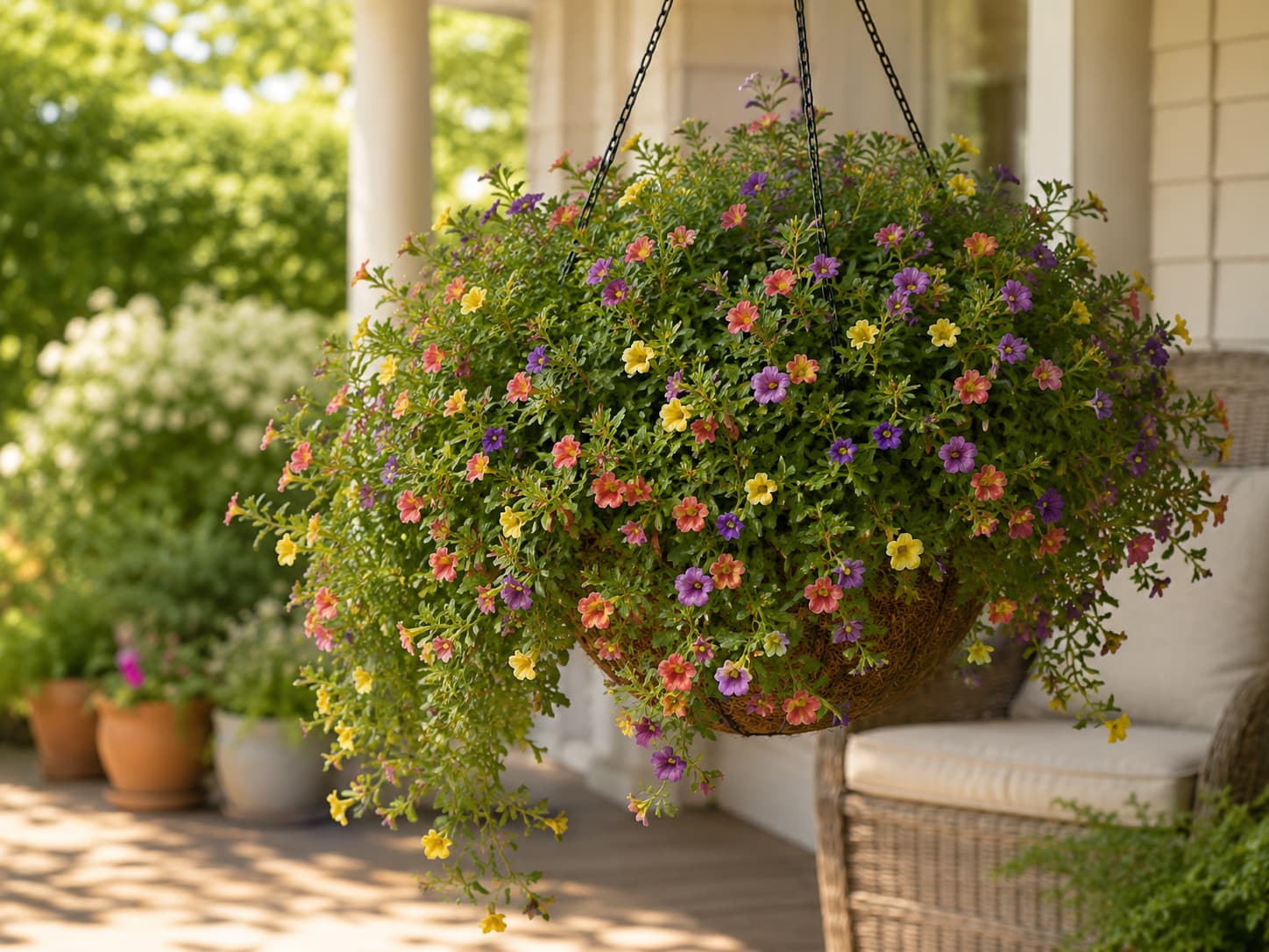 Illustration of a hanging basket overflowing with coral, yellow, and purple calibrachoa flowers on a sunny patio.