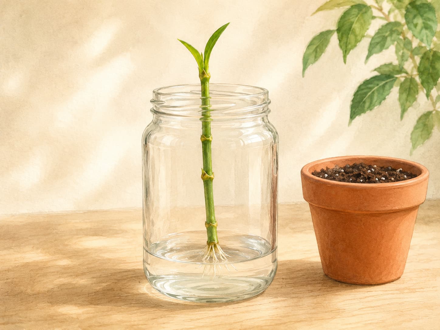 Illustration of a carnation cutting with white roots in water ready to transplant into soil
