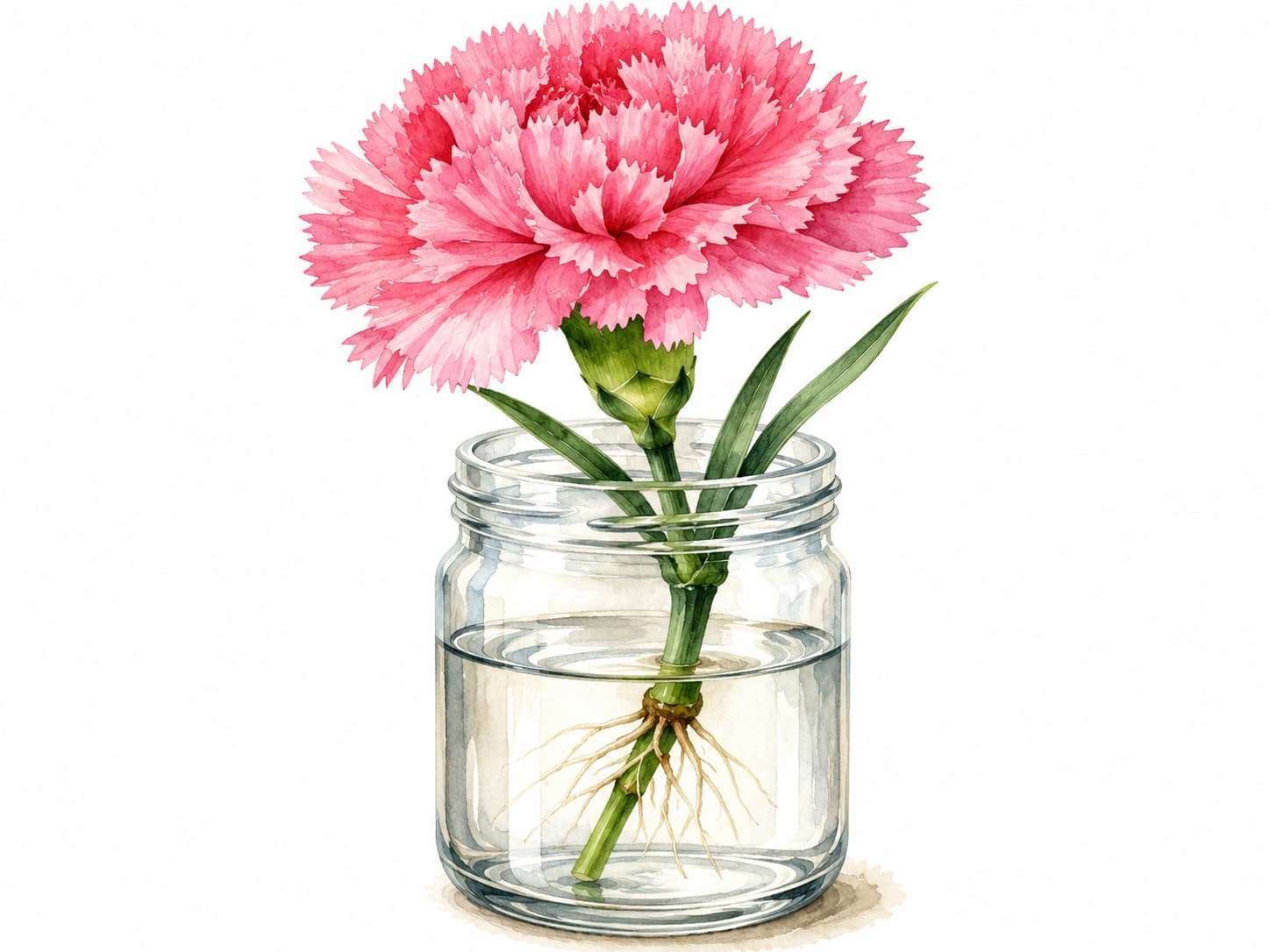 Pink carnation cuttings rooting in a clear glass jar for water propagation