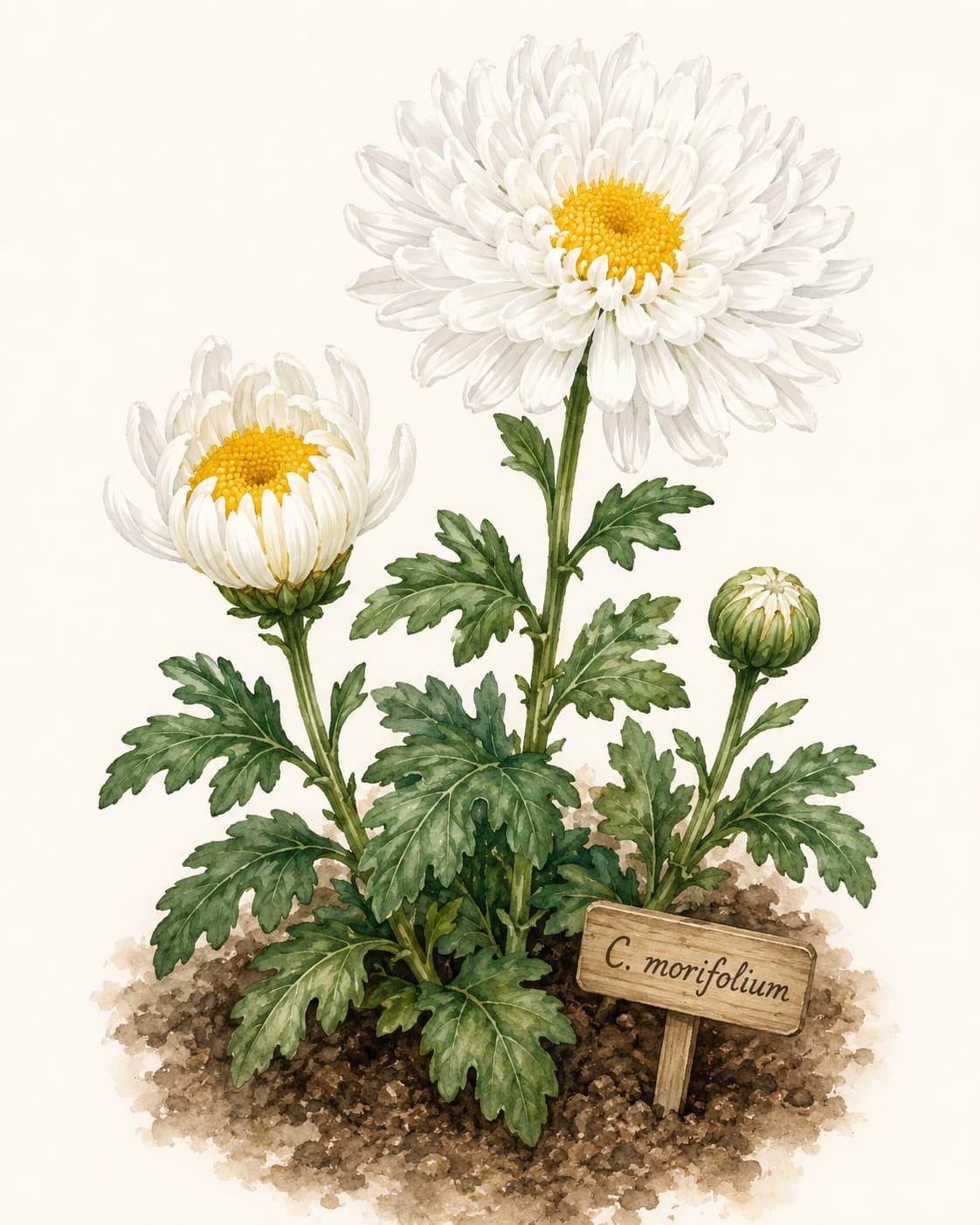 Illustration of white and yellow Chrysanthemum morifolium flowers growing in a home garden