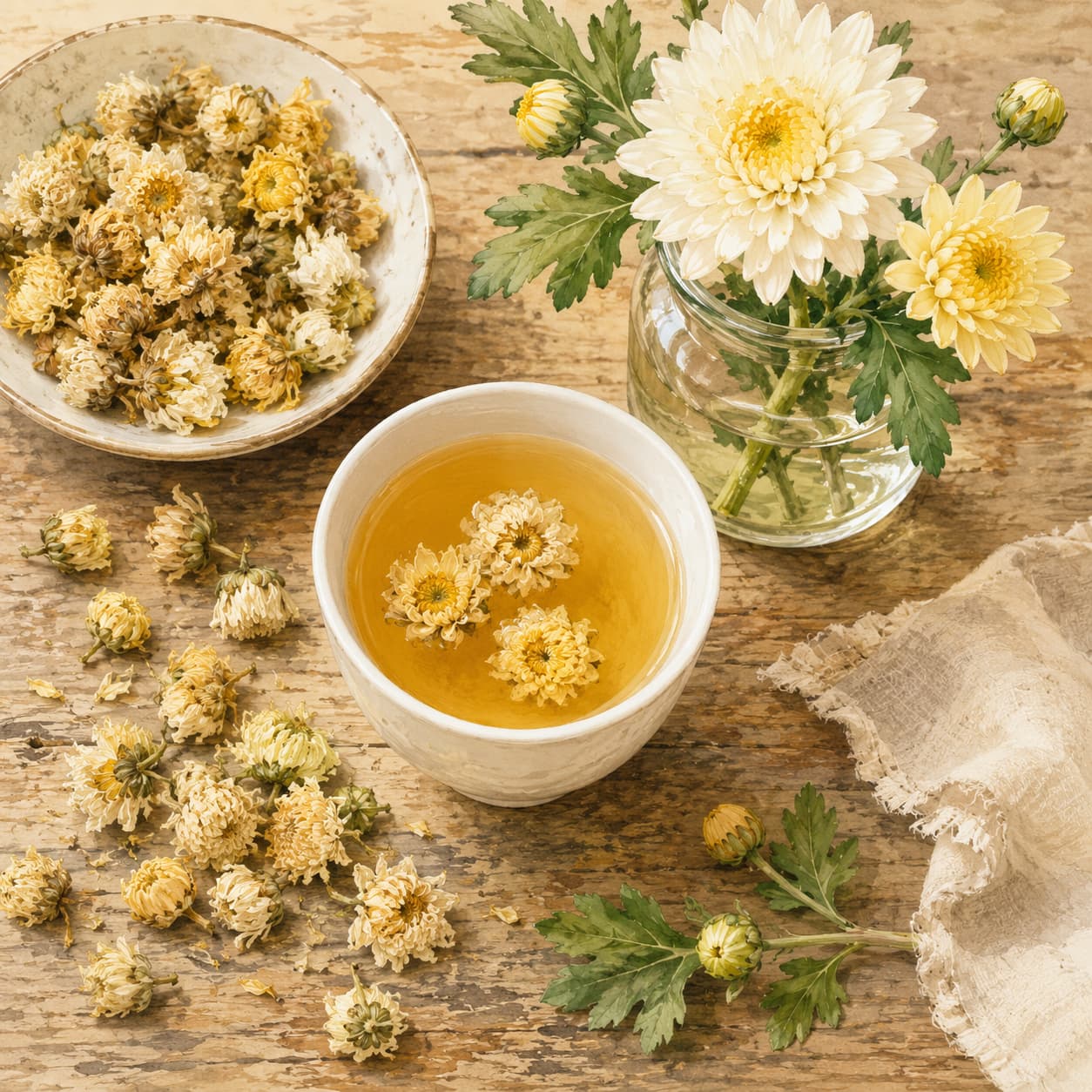 Illustration of dried chrysanthemum flowers and fresh tea chrysanthemums on a wooden table