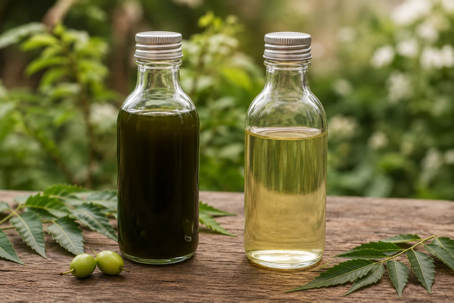 Illustration comparing dark cold-pressed neem oil with pale clarified neem extract in two glass bottles.