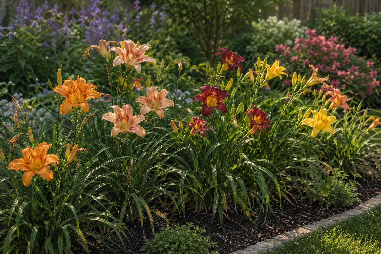 Illustration of colorful daylilies flowering in a maintained summer garden bed with healthy green foliage.
